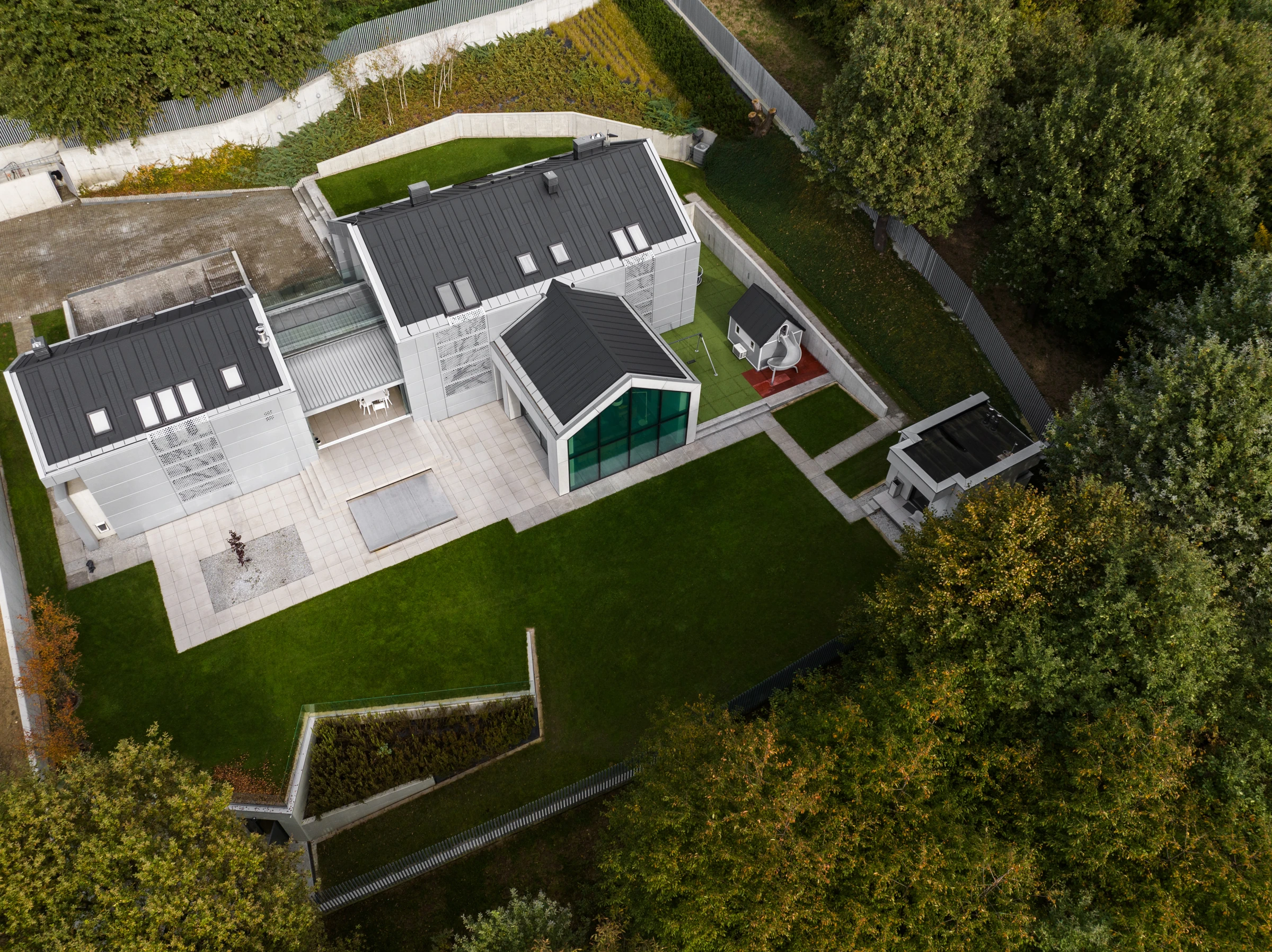 Aerial photograph of a completed black integrated solar roof in Kraków, Poland